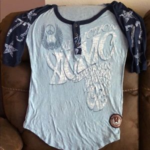 Affliction woman’s blue short sleeve shirt